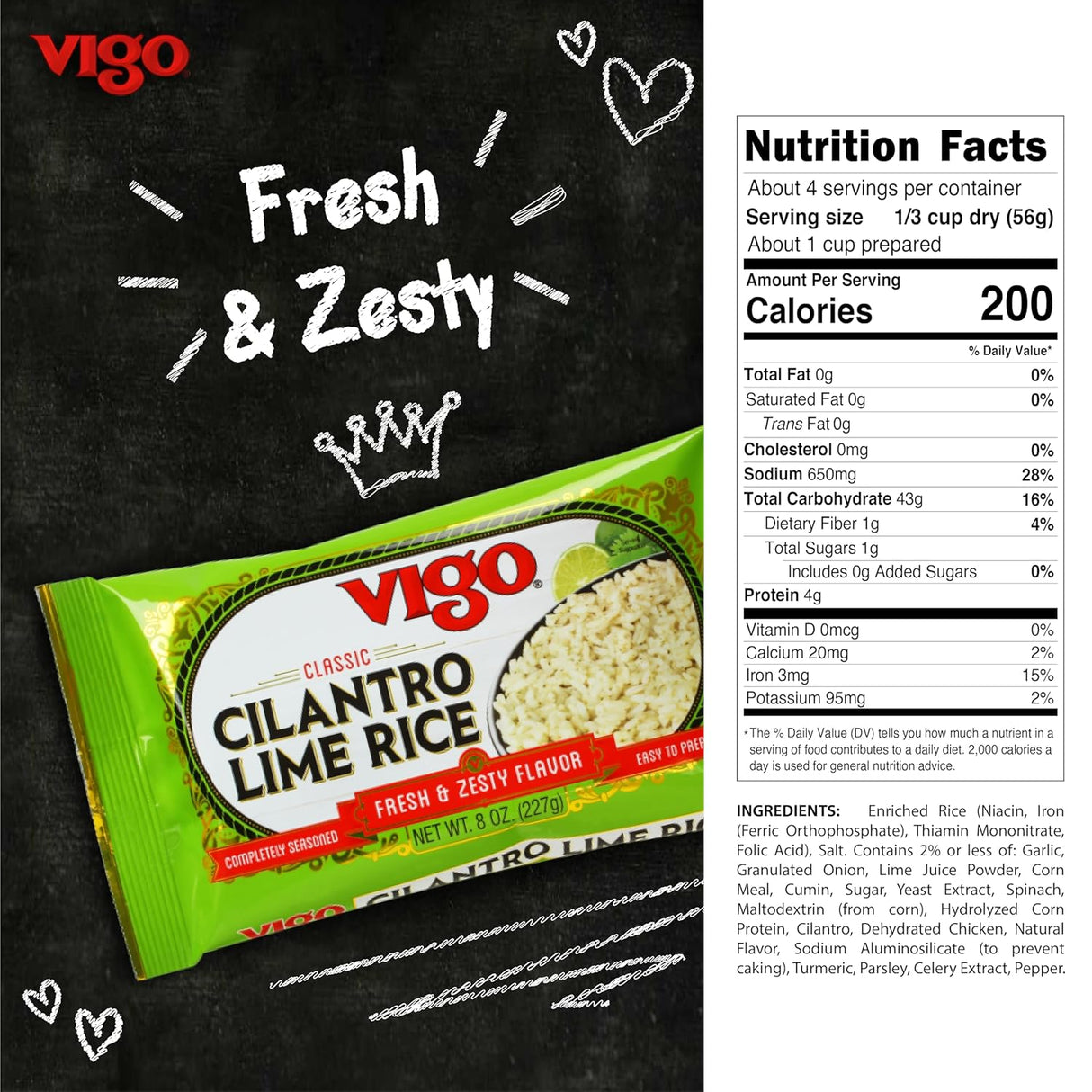 Vigo Cilantro Lime Rice package with nutrition facts on a chalkboard background