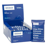 Box of RXBar blueberry protein bars with a single bar displayed.