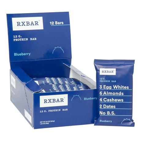 Box of RXBar blueberry protein bars with a single bar displayed.