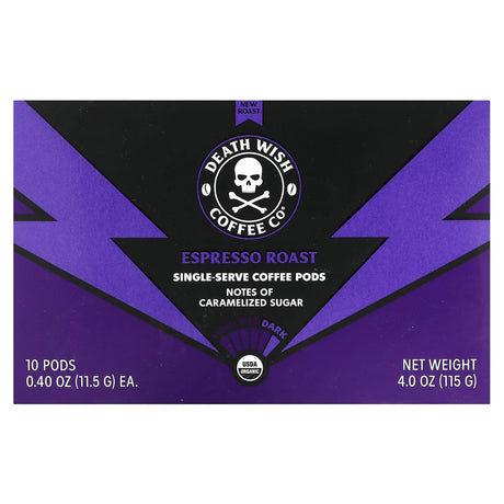 Death Wish Coffee - Organic Espresso Roast, 10 ct (Case of 6) - Strong Single Serve