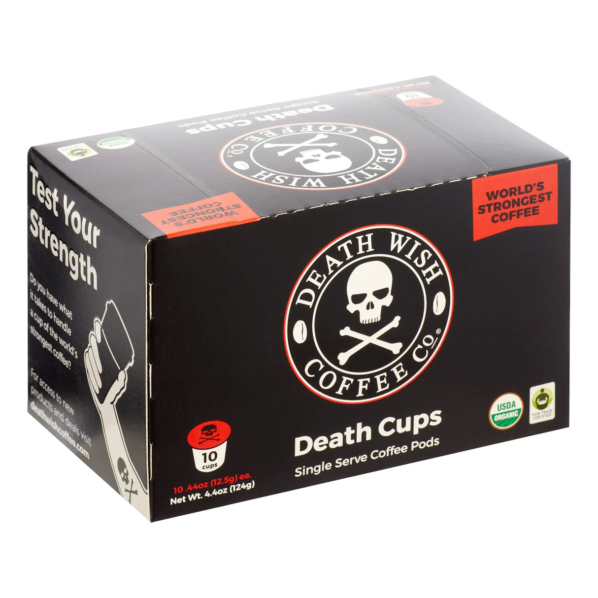 Box of Death Wish Coffee Co. single serve coffee pods on a white background