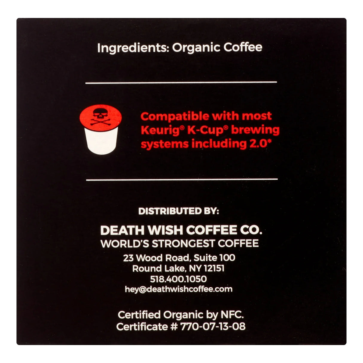 Back of a coffee package with branding and contact information for Death Wish Coffee Co.