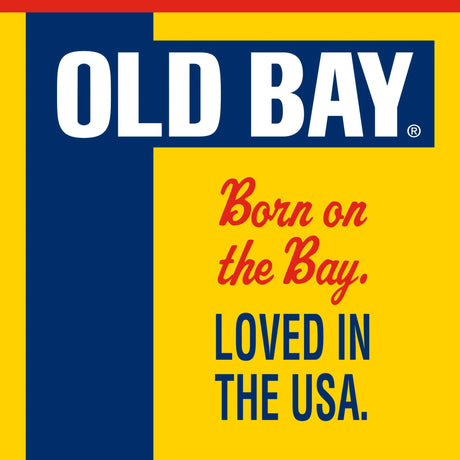 Old Bay logo with text 'Born on the Bay. Loved in the USA.' on a yellow and blue background