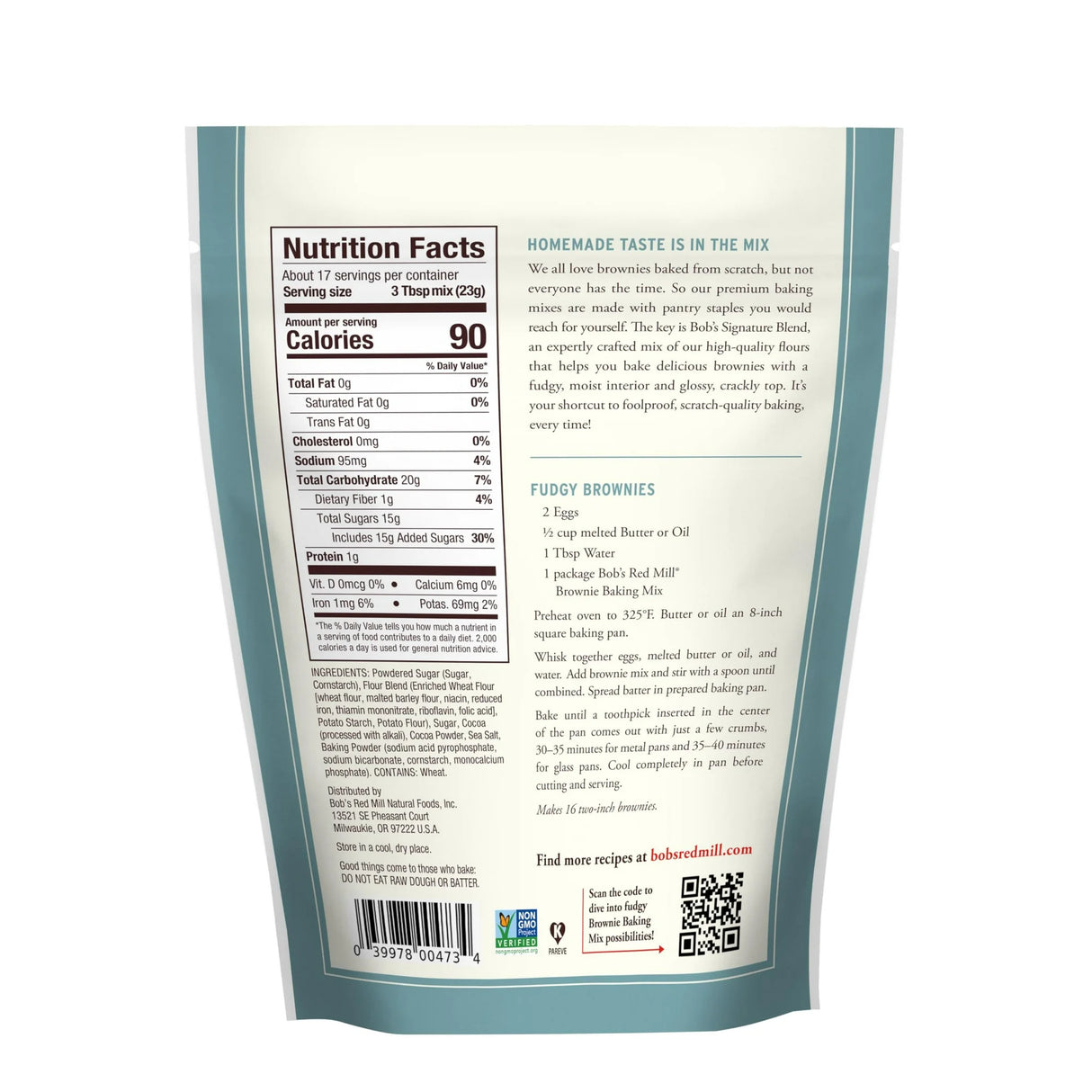 Back of a baking mix package with nutrition facts and ingredient list.