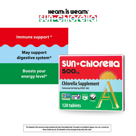 Sun-Chlorella chlorella supplement packaging with text on benefits on a white background