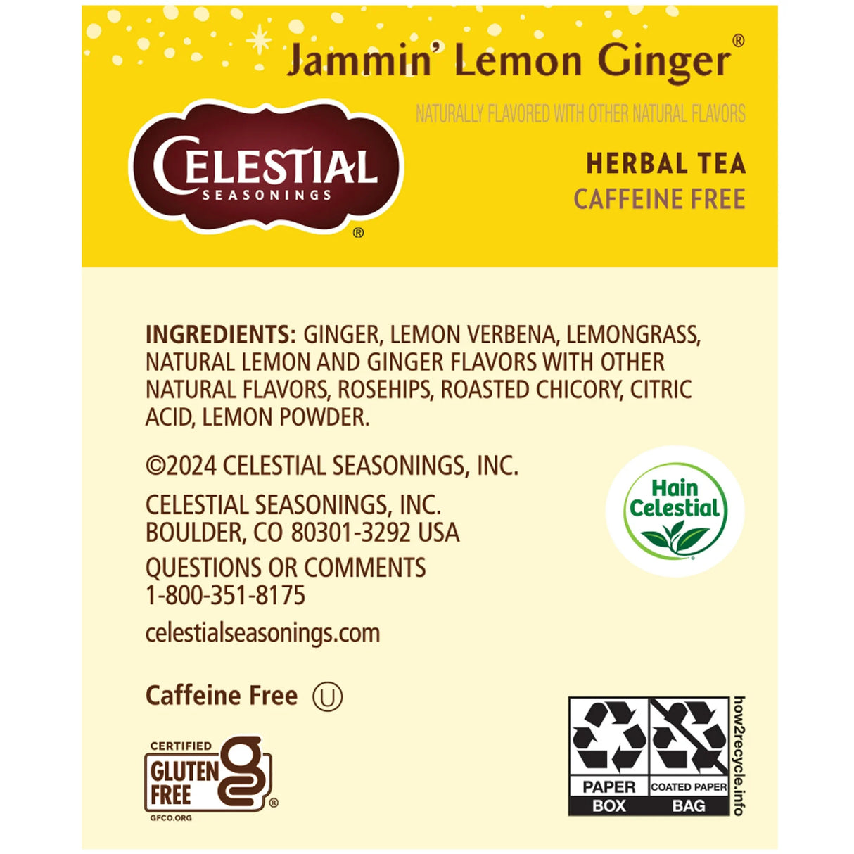 Celestial Seasonings Jammin' Lemon Ginger tea package with ingredients list and branding details.