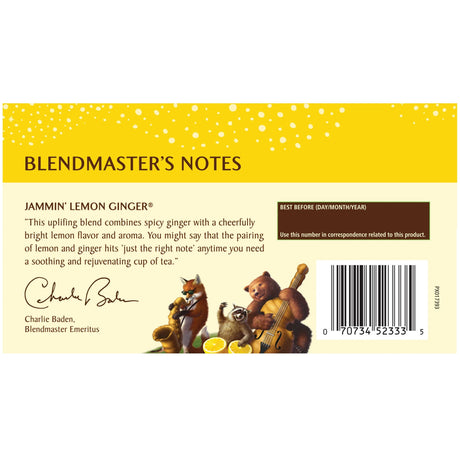 Tea label with cartoon animals and text on a yellow background