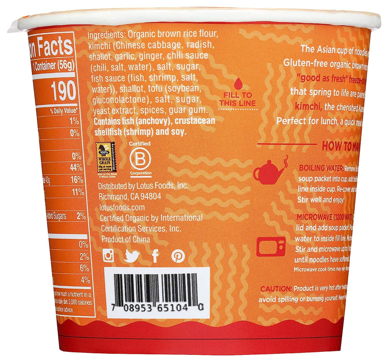 Lotus Foods Spicy Kimchi Instant Ramen Cup, 1.98 Oz (Pack of 6) - Cozy Farm 