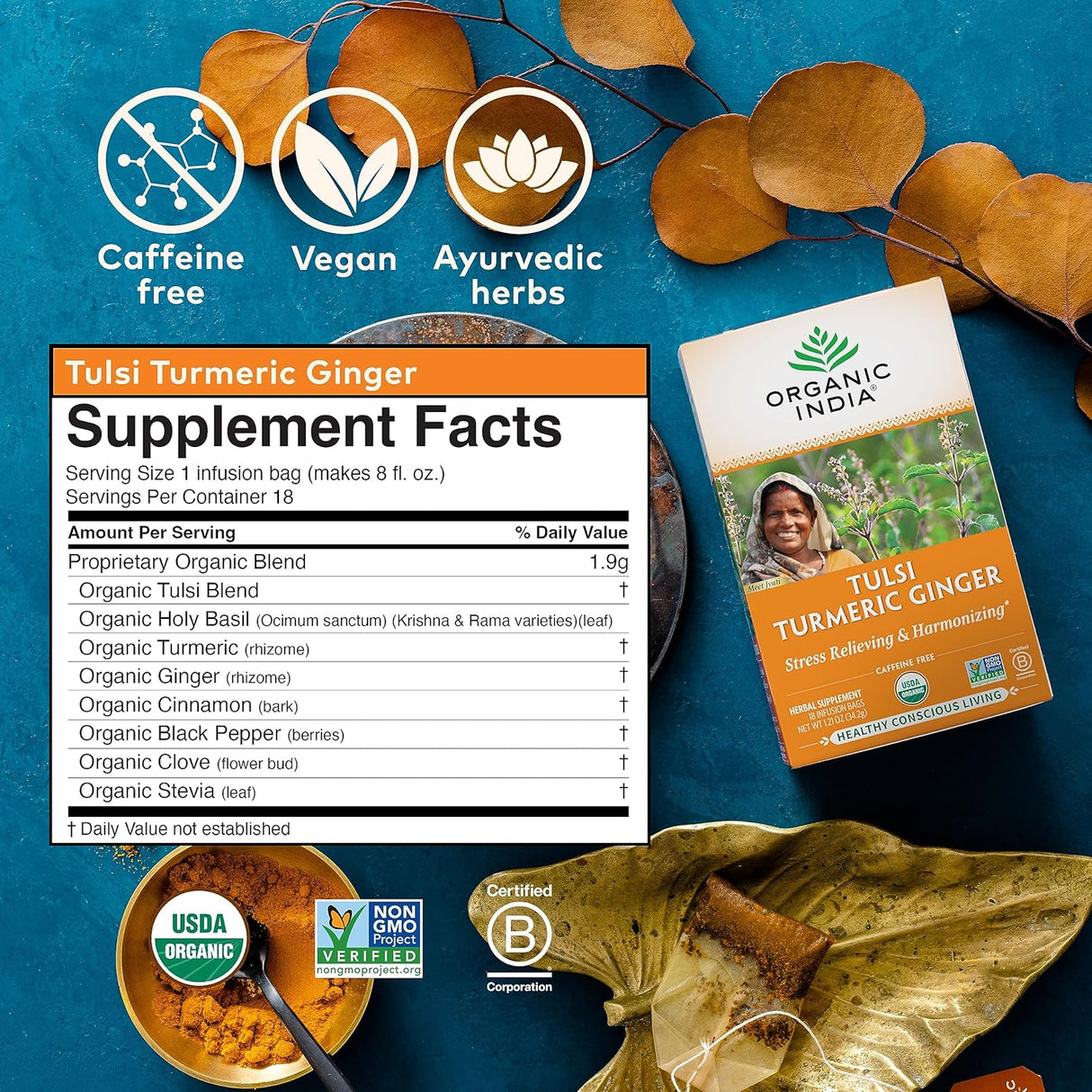 Organic India Tulsi Turmeric Ginger Tea, 18 Tea Bags, Pack of 6