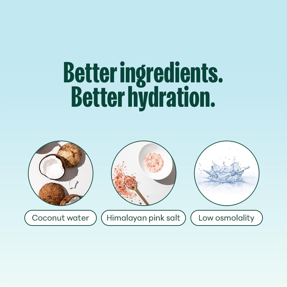 Advertisement for hydration with coconut water, Himalayan pink salt, and low osmolality on a light blue background.