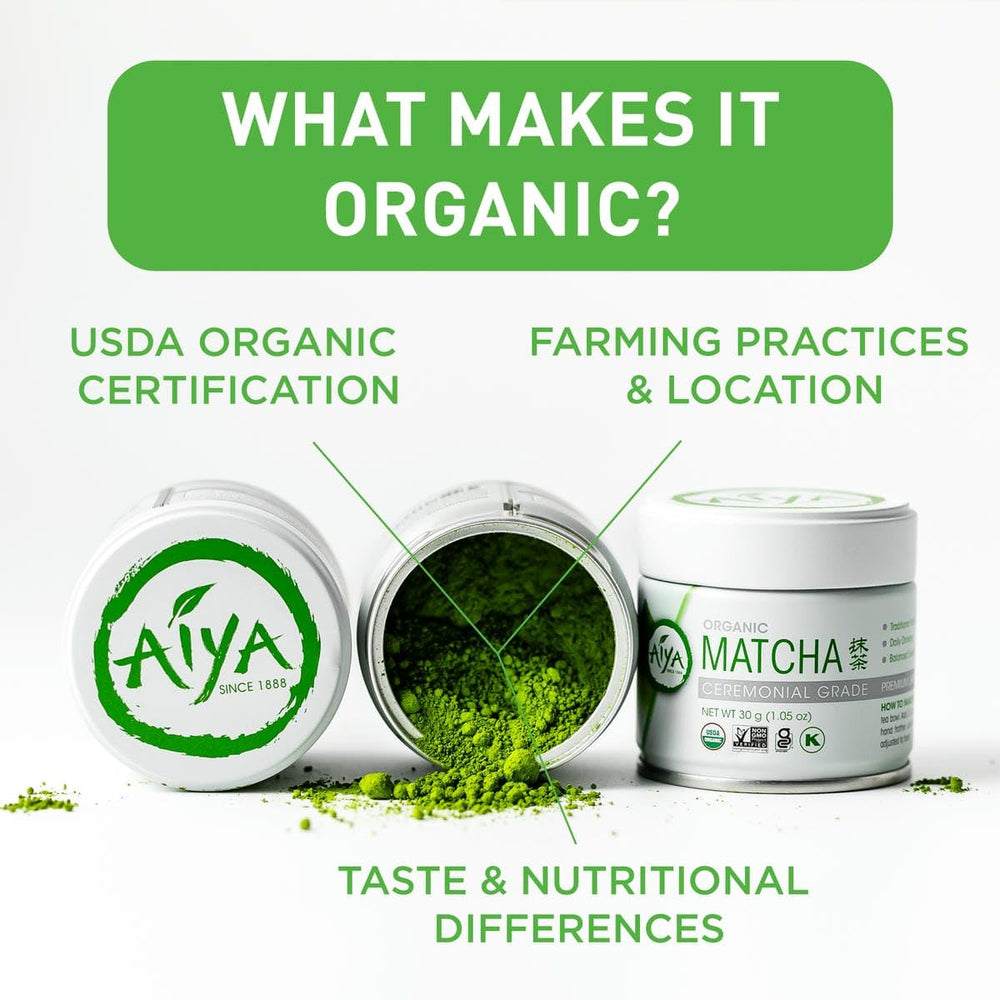 Aiya Matcha green tea with USDA Organic certification and farming practices information on a white background.