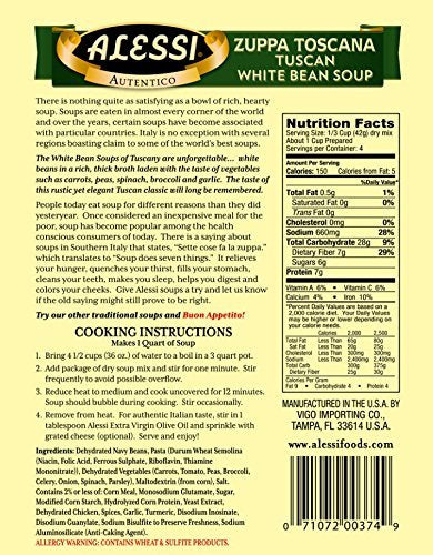 Alessi Zuppa Toscana Tuscan White Bean Soup label with nutritional information and cooking instructions.