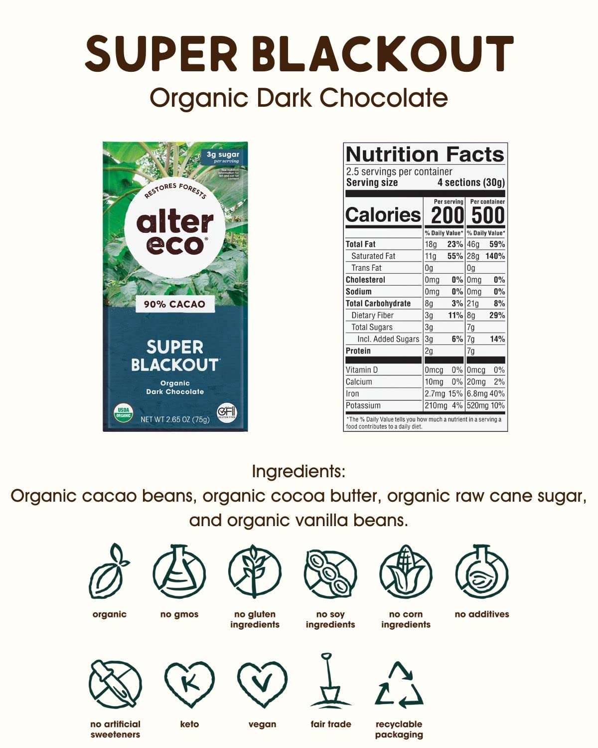 Alter Eco Super Blackout organic dark chocolate packaging with nutrition facts and ingredient list on a white background.