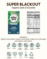 Alter Eco Super Blackout organic dark chocolate packaging with nutrition facts and ingredient list on a white background.