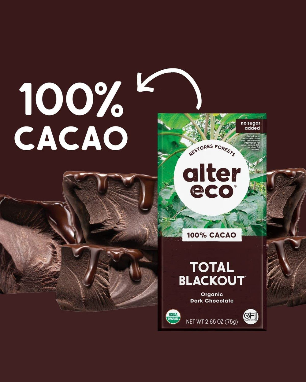 Alter Eco Total Blackout chocolate bar packaging with 100% Cacao text on a dark background