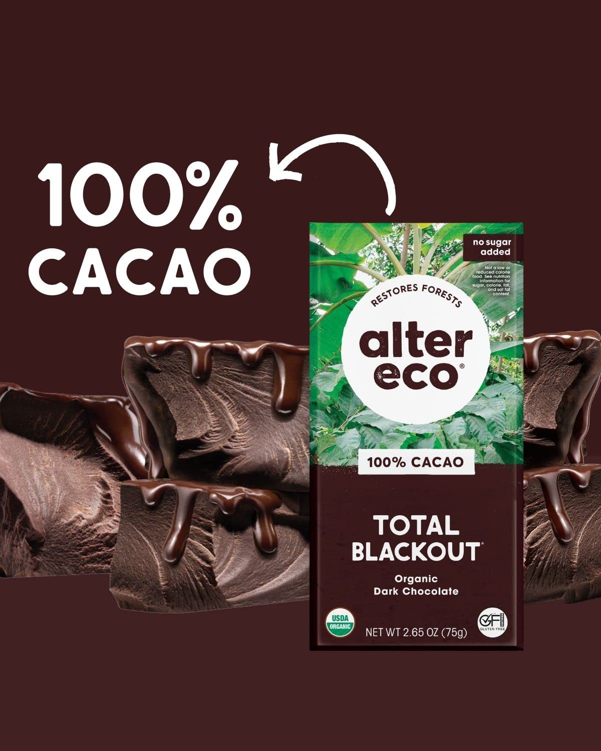 Alter Eco Total Blackout chocolate bar packaging with 100% Cacao text on a dark background