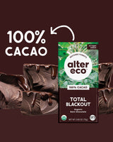 Alter Eco Total Blackout chocolate bar packaging with 100% Cacao text on a dark background