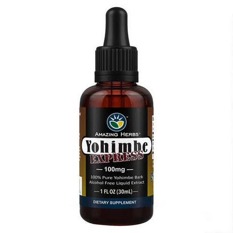Bottle of Amazing Herbs Yohimbe Express dietary supplement on a white background