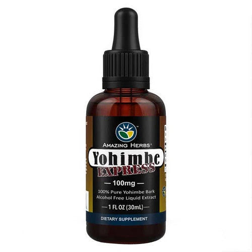Bottle of Amazing Herbs Yohimbe Express dietary supplement on a white background
