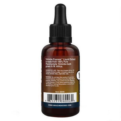 Brown glass bottle with dropper labeled 'Yohimbe Express Liquid Extract' on a white background
