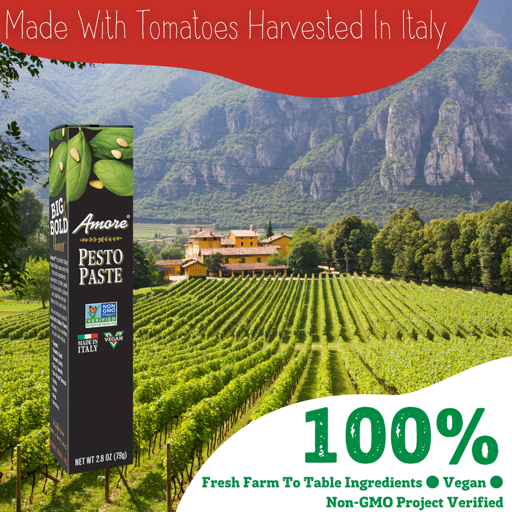 Amore Pesto Paste box with Italian landscape and text about tomato harvest and product features.