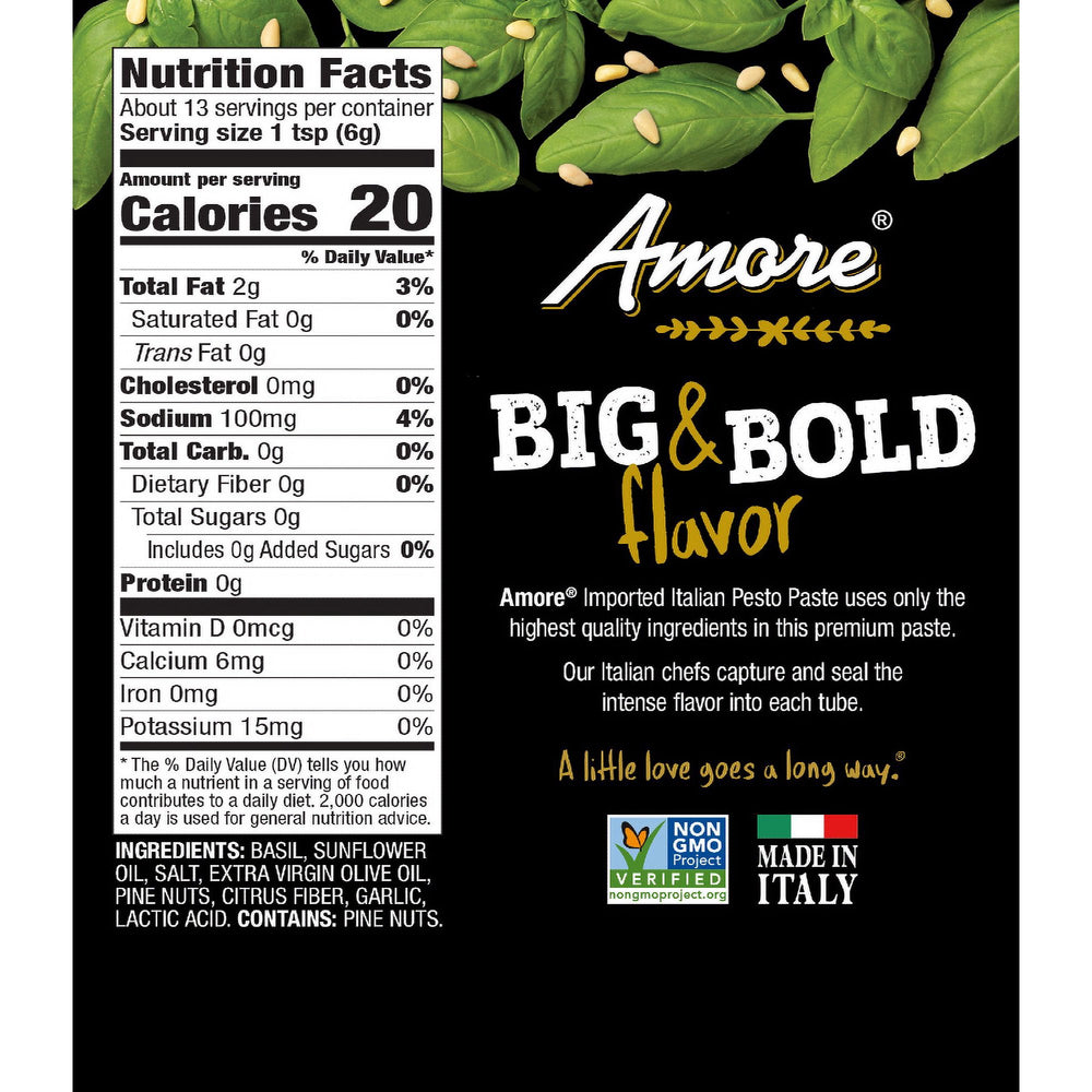 Amore pesto paste label with nutrition facts and product details on a black background