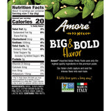 Amore pesto paste label with nutrition facts and product details on a black background