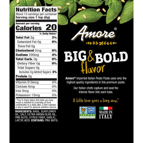 Amore pesto paste label with nutrition facts and product details on a black background