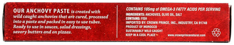 Anchovy paste packaging with text and branding details.