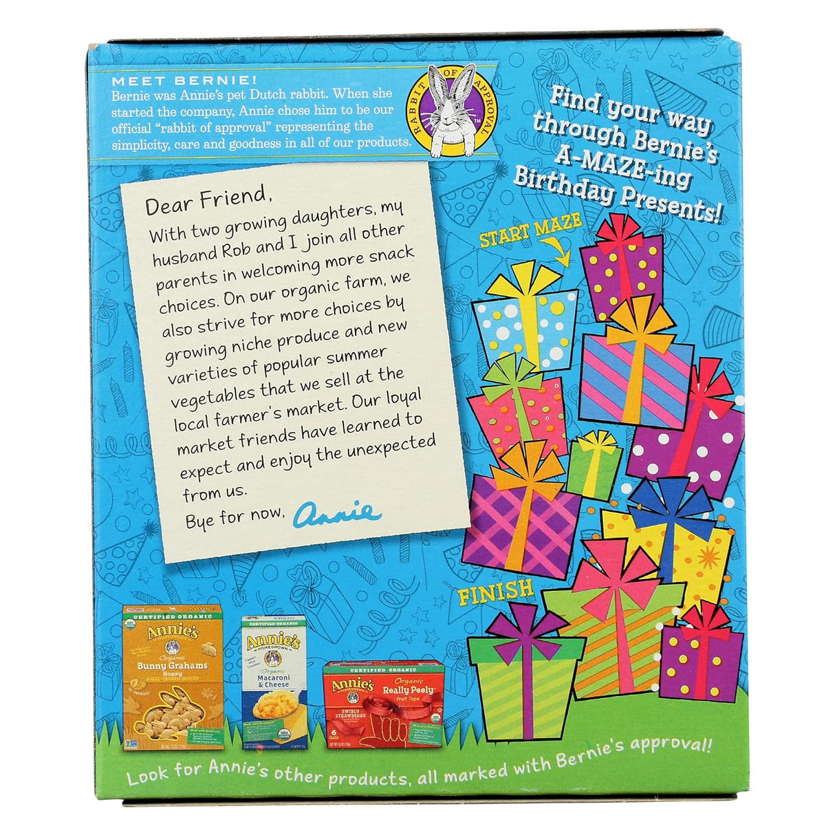 Annie's Homegrown Birthday Cake Crispy Snack Bars packaging with colorful gift boxes and text on a blue background