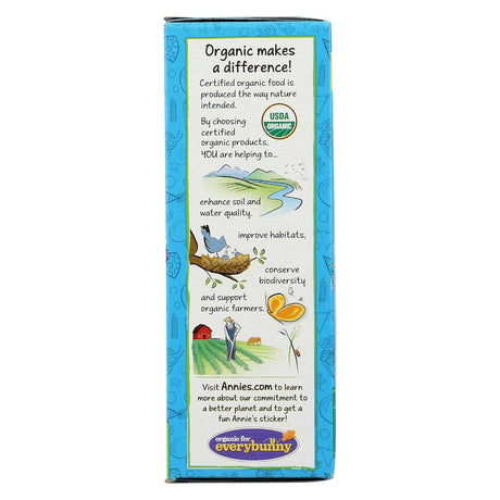 Annie's Organic product packaging with educational content on organic farming benefits.