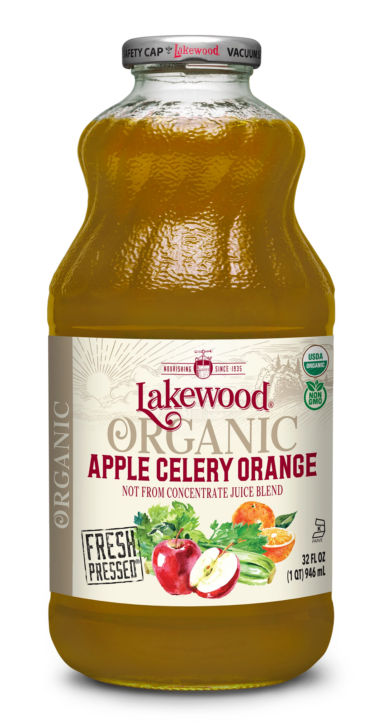 Lakewood - Organic Apple Celery Orange Juice, 32 fl oz (Pack of 6) - Healthy Green Juice