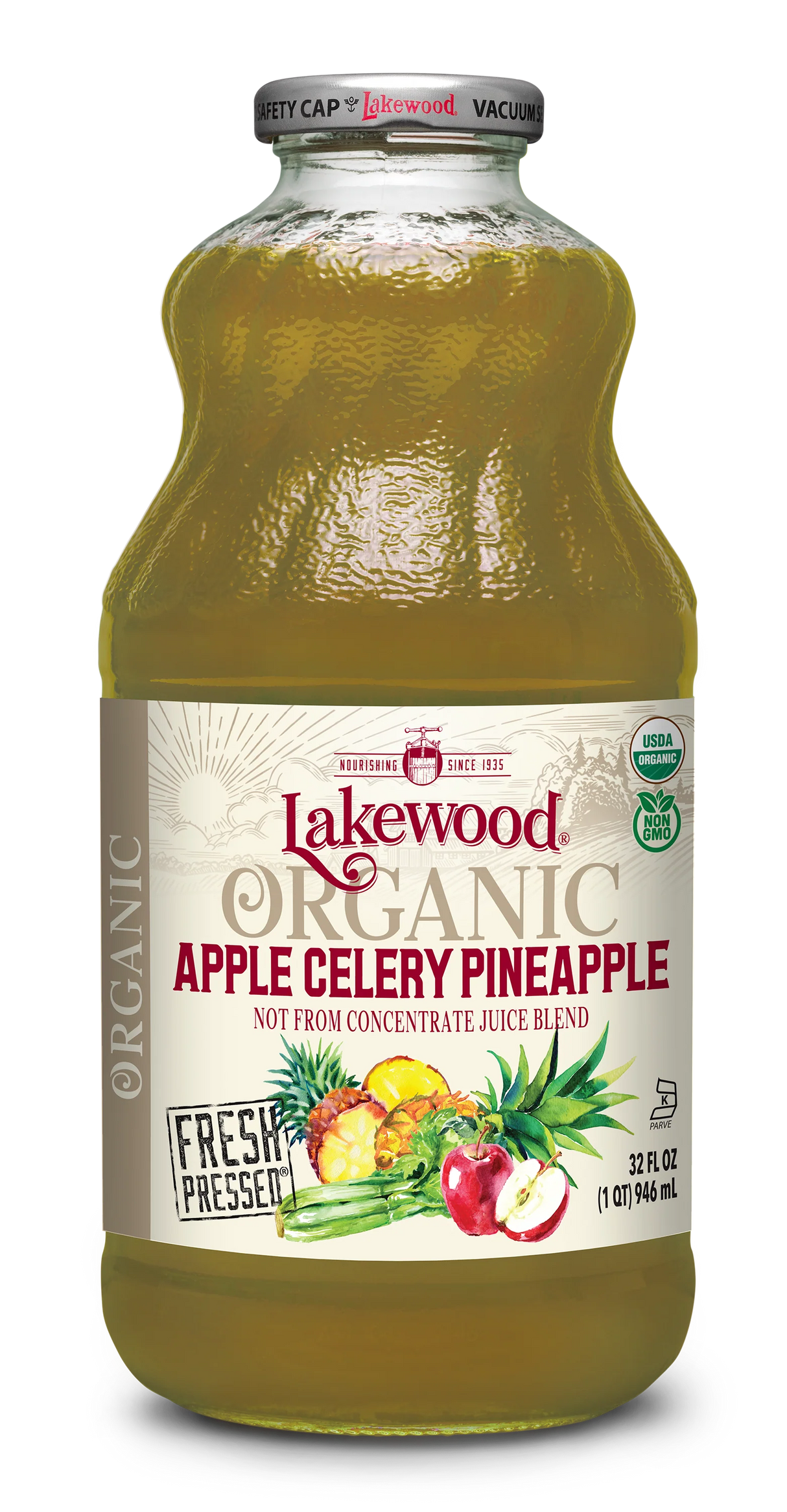 Lakewood Organic Apple Celery Pineapple Juice, 32 fl oz (Pack of 6) - Green Juice Cleanse
