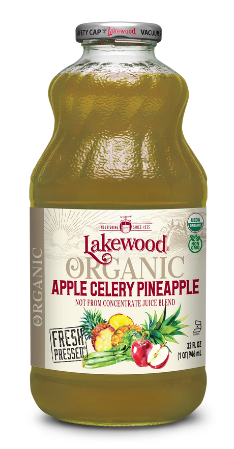 Lakewood Organic Apple Celery Pineapple Juice, 32 fl oz (Pack of 6) - Green Juice Cleanse