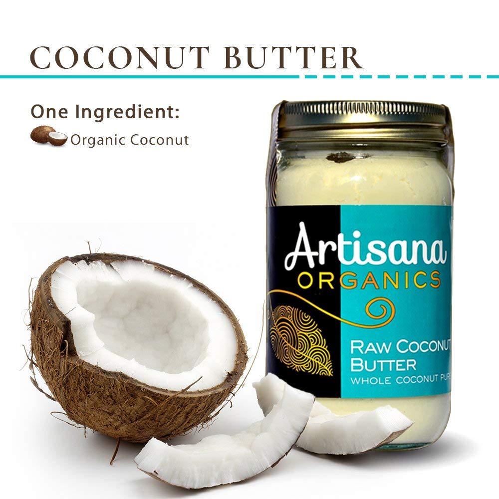 Artisana Organics Raw Coconut Butter jar with a halved coconut on a white background