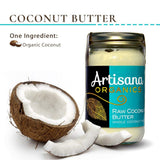 Artisana Organics Raw Coconut Butter jar with a halved coconut on a white background