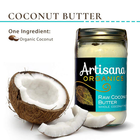 Artisana Organics Raw Coconut Butter jar with a halved coconut on a white background
