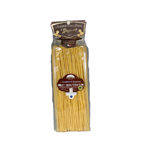 Packaged spaghetti with a brand label on a white background
