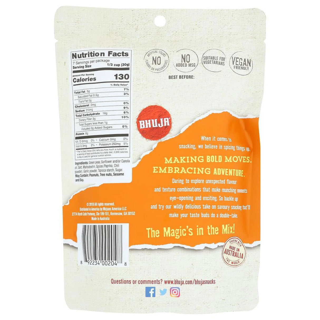 Back of a Bhujia packaging with nutritional information and brand details.