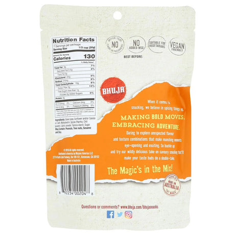 Back of a Bhujia packaging with nutritional information and brand details.