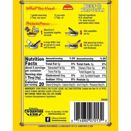 Back of a Sun-Bird seasoning packet with cooking instructions and nutrition facts.