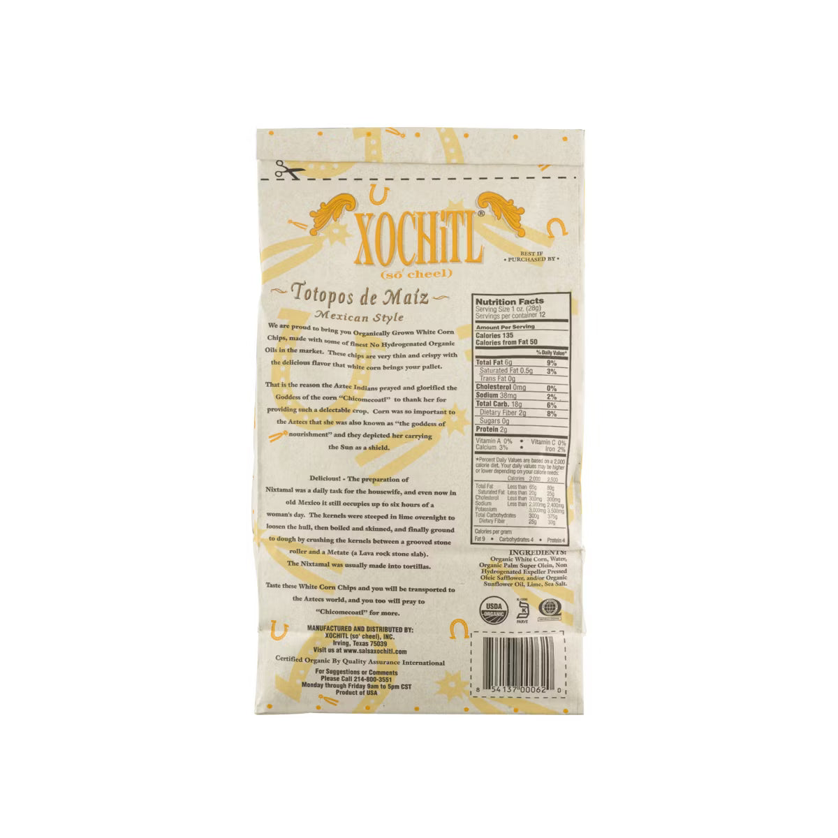 Back of a Xochitl tortilla package with text and branding.