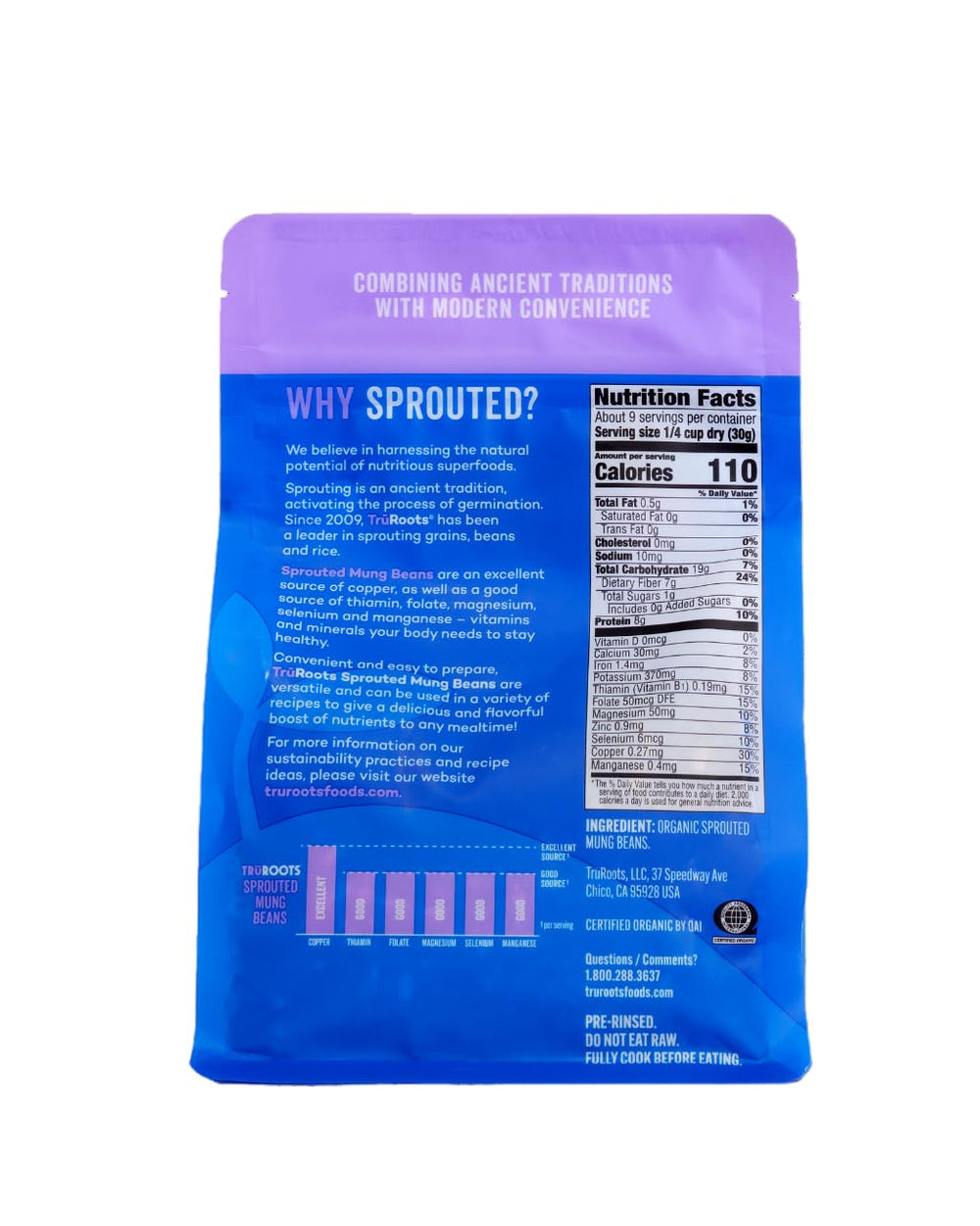 Back of a blue package with purple top, containing text and nutrition facts.
