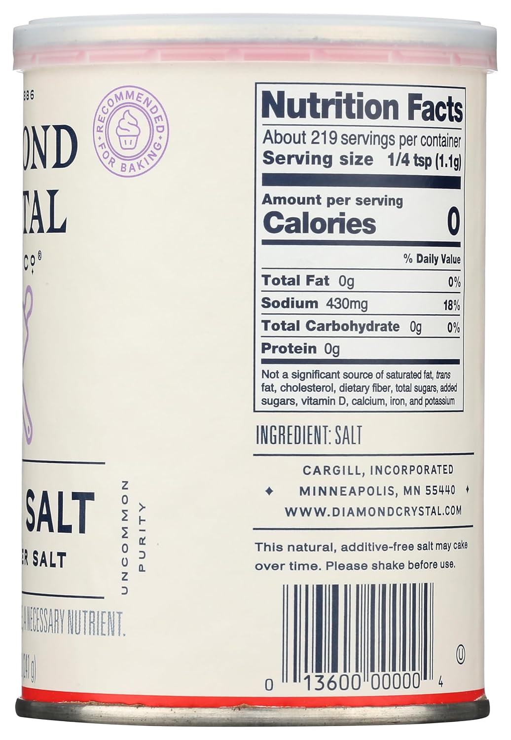 Back of a can of Diamond Crystal salt with nutrition facts label