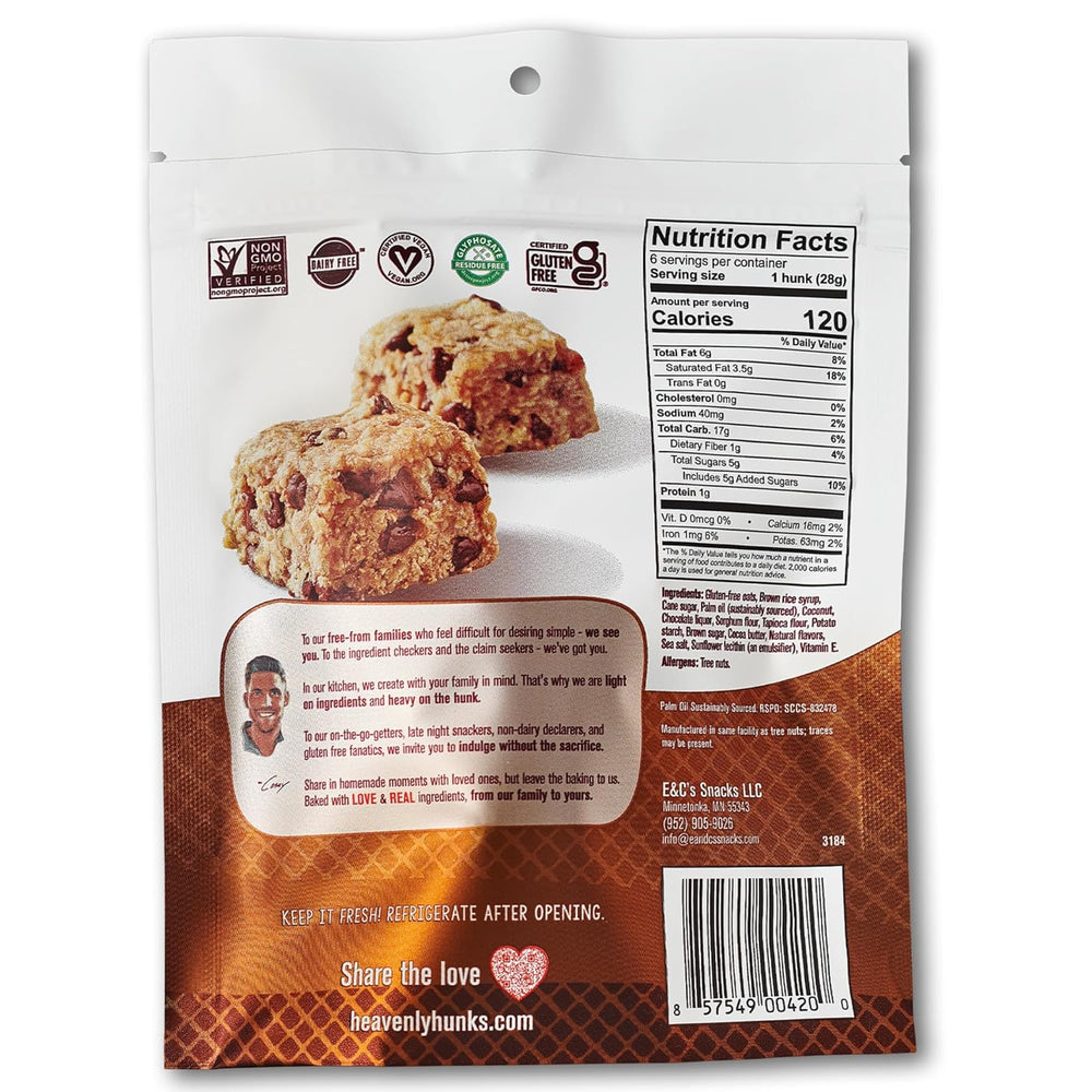 Back of a heavily hunks chocolate chips with product, nutrition facts, and branding information.