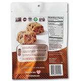 Back of a heavily hunks chocolate chips with product, nutrition facts, and branding information.