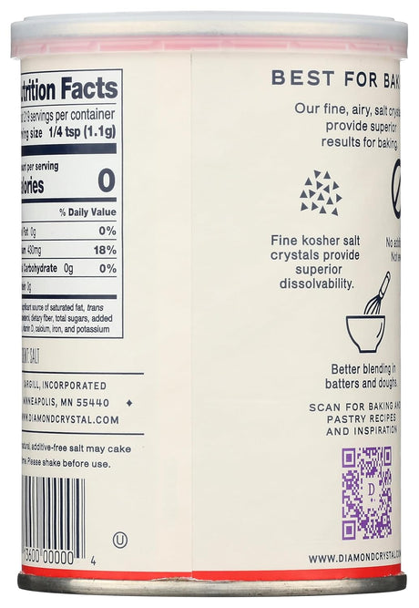 Back of a salt container with nutritional facts and product details.
