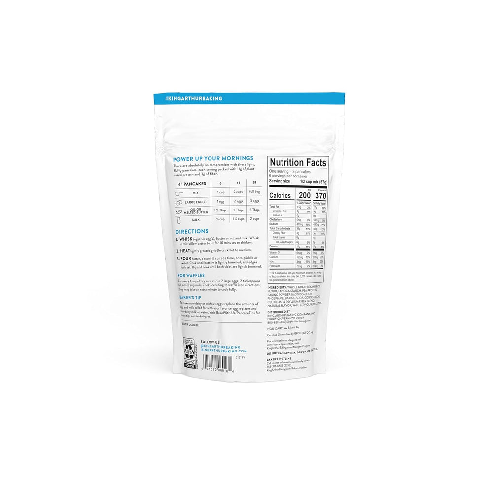 Back view of King Arthur Gluten-Free Protein Pancake Mix  package with nutrition facts and directions.