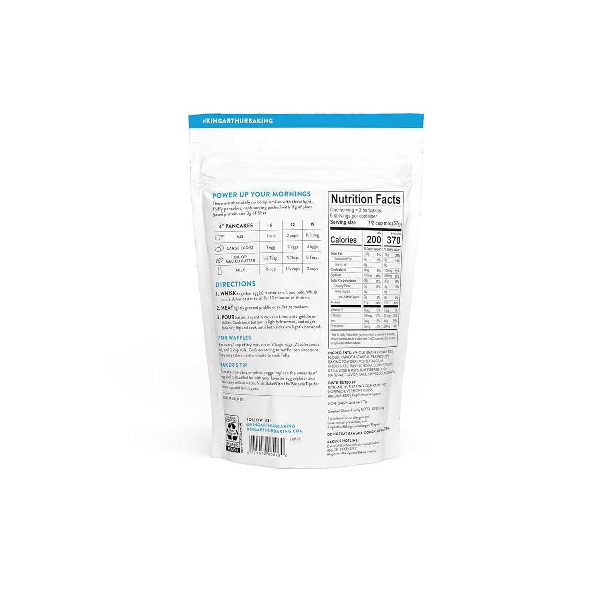 Back view of King Arthur Gluten-Free Protein Pancake Mix  package with nutrition facts and directions.