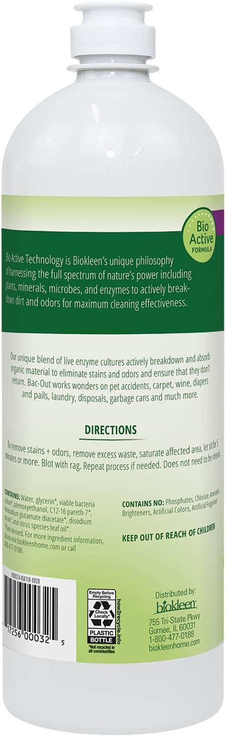 Back view of a white bottle with green text and labels, including a barcode and text on a white background.